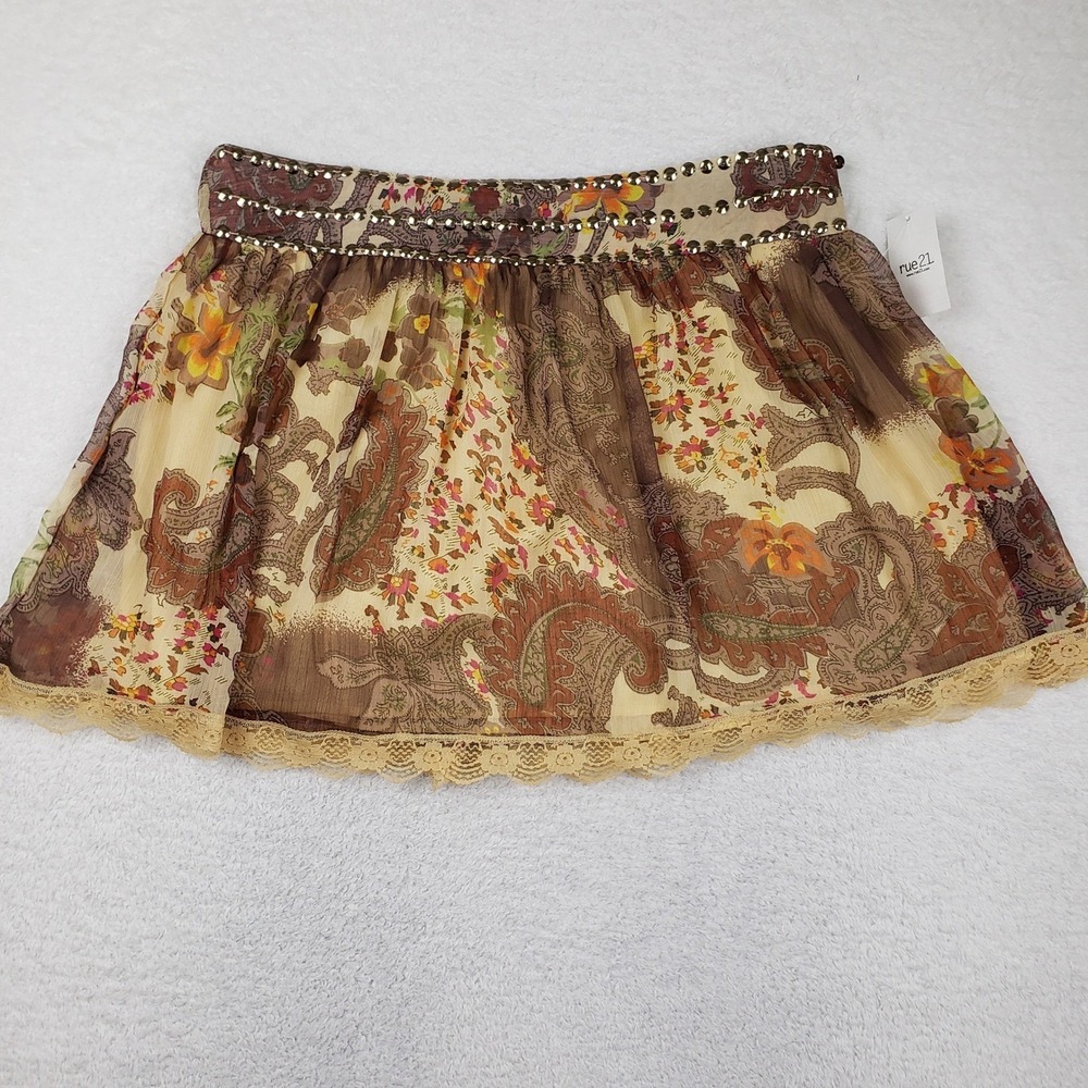 Rue21 Paisley Studded Lace Trim Boho Mini Skirt Women XL Brown Y2K Festival